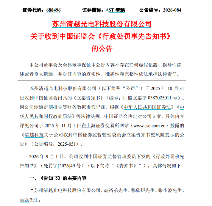 涉欺诈发行、信披违法，*ST清越被罚1.72亿元	，股票濒临退市